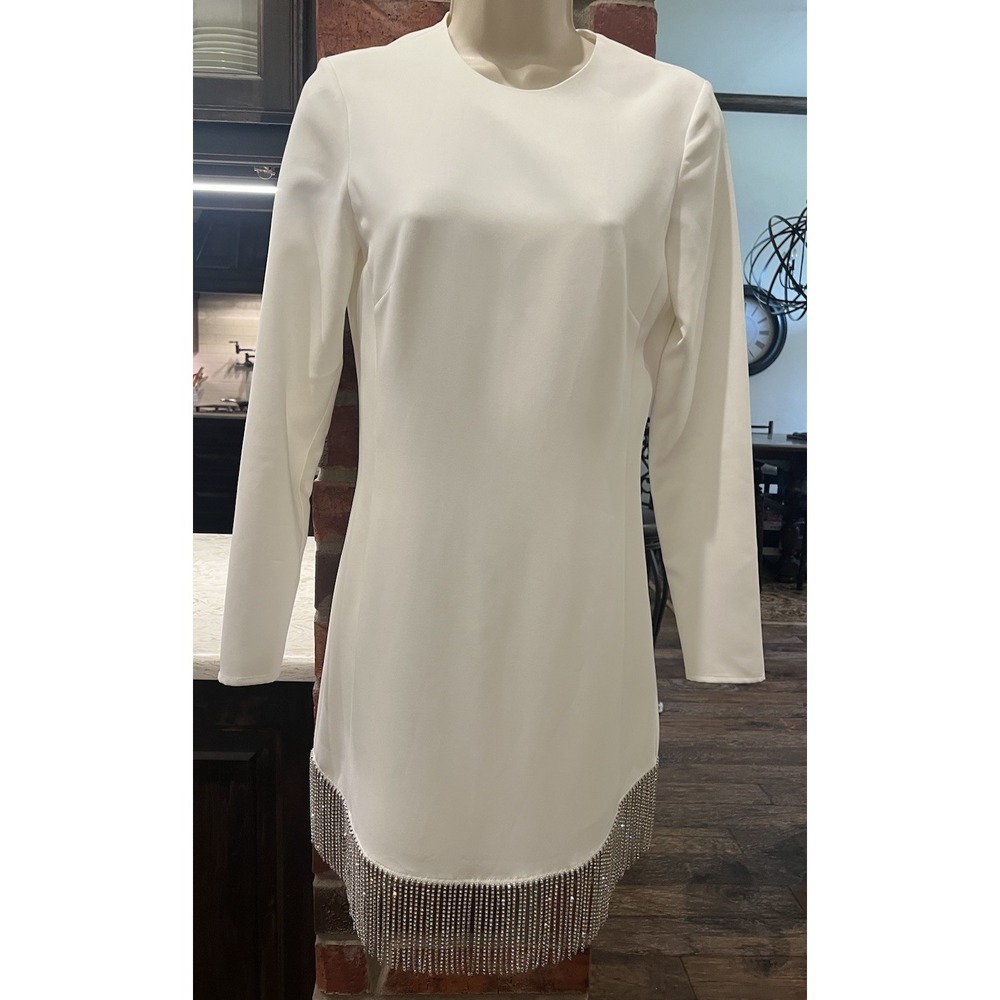 Gianni Bini long-sleeve cocktail dress white with silver rhinestone fringe Sz 0